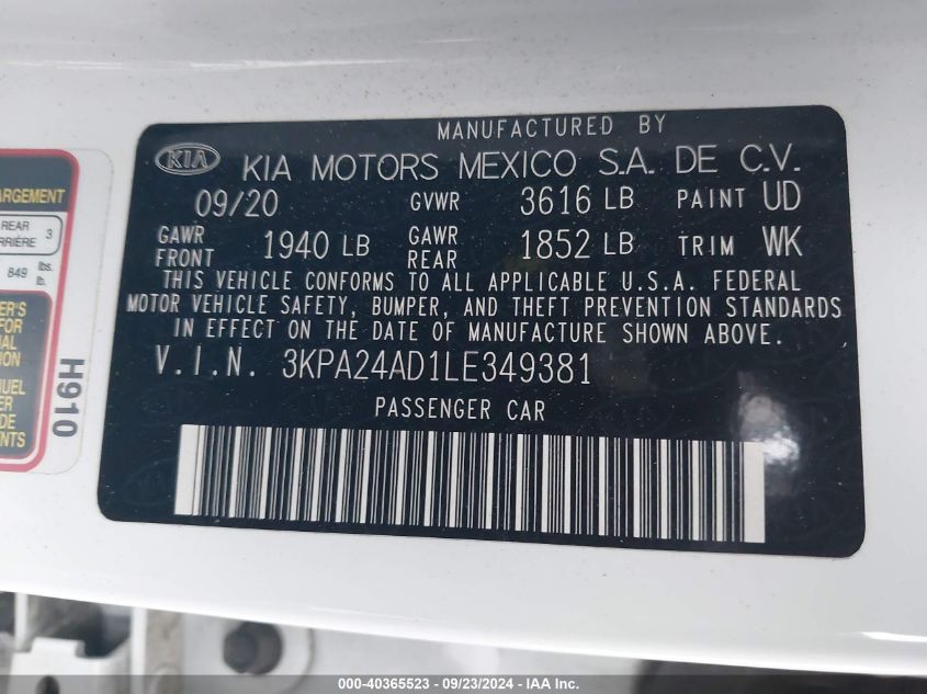 2020 Kia Rio S VIN: 3KPA24AD1LE349381 Lot: 40365523