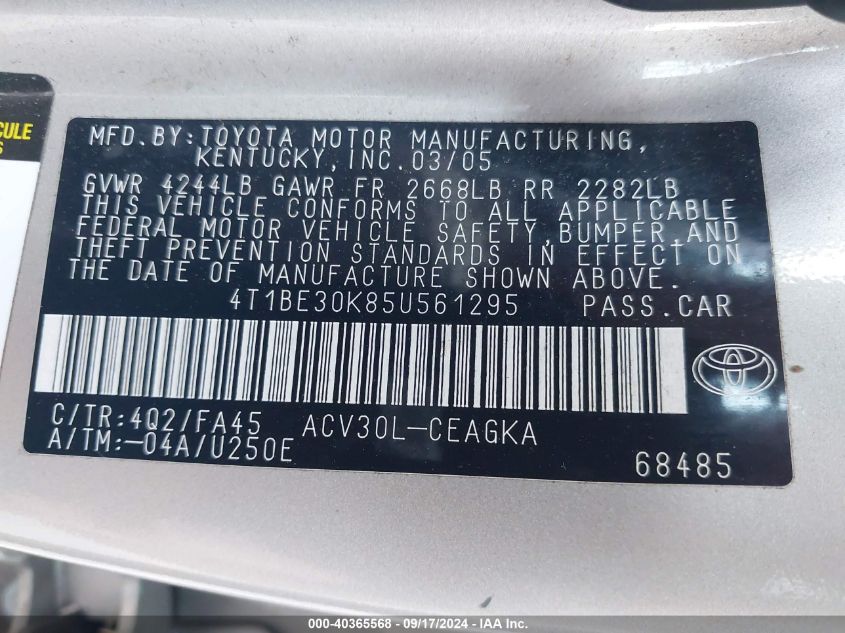 4T1BE30K85U561295 2005 Toyota Camry Le/Xle/Se