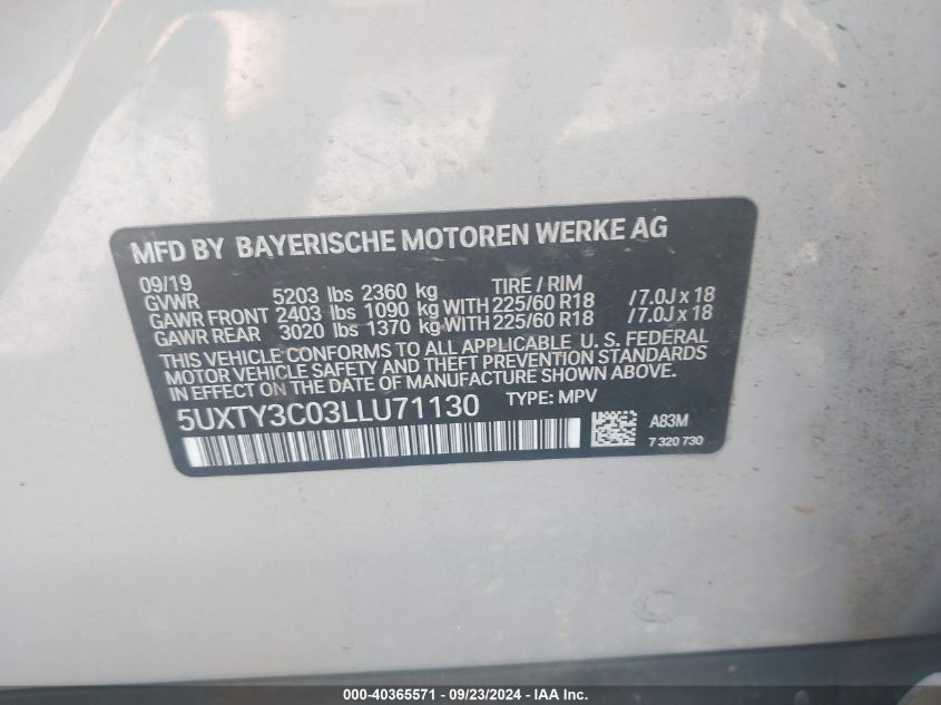 VIN 5UXTY3C03LLU71130 2020 BMW X3, Sdrive30I no.9