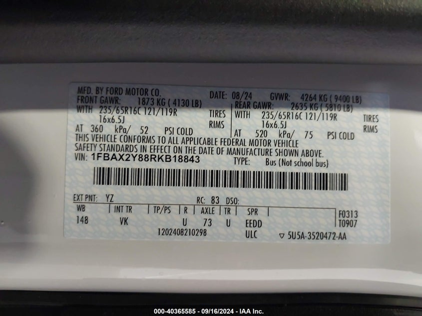 2024 FORD TRANSIT-350 PASSENGER VAN 3.5L V-6 DI, DOHC, V(VIN: 1FBAX2Y88RKB18843