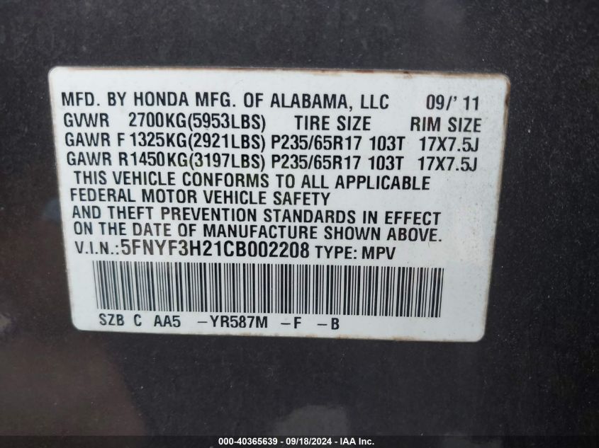 5FNYF3H21CB002208 2012 Honda Pilot Lx