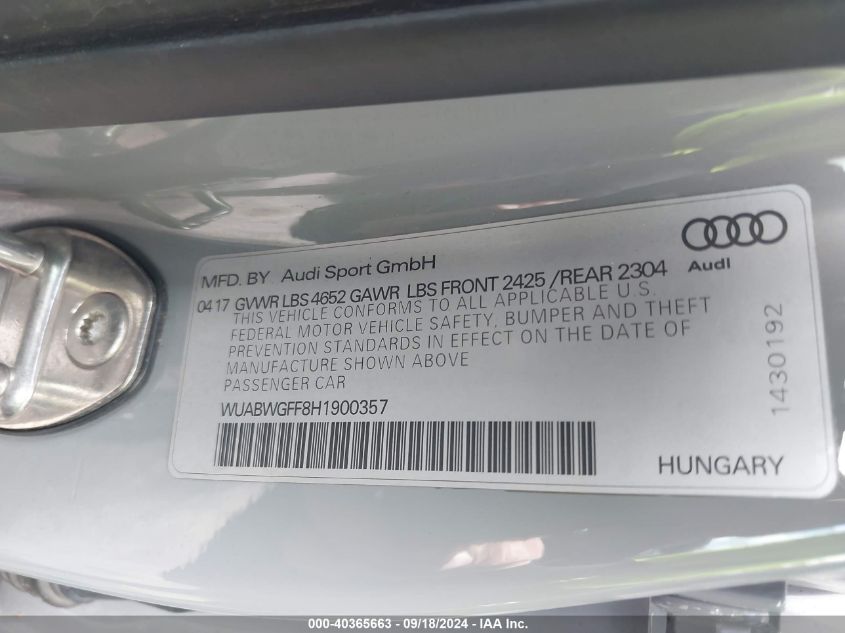 WUABWGFF8H1900357 2017 Audi Rs 3 2.5T