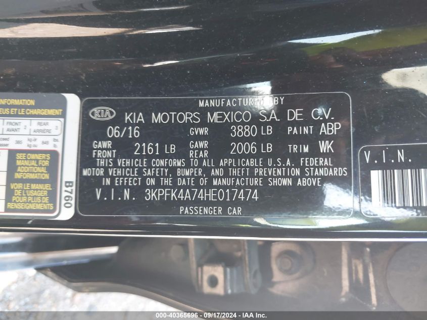 2017 Kia Forte Lx VIN: 3KPFK4A74HE017474 Lot: 40365696