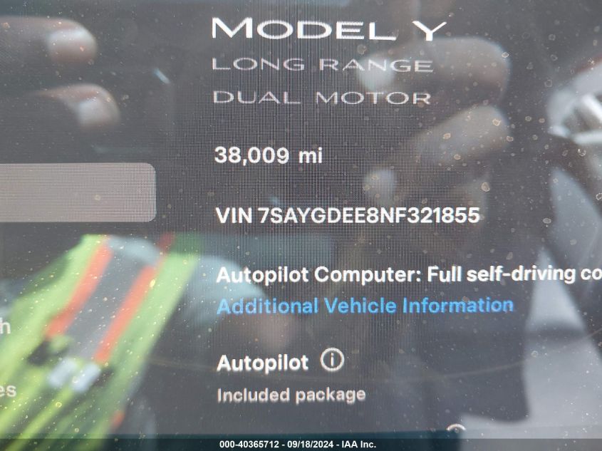 2022 Tesla Model Y Long Range Dual Motor All-Wheel Drive VIN: 7SAYGDEE8NF321855 Lot: 40365712