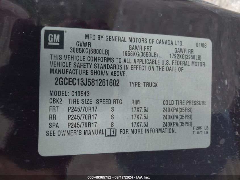 2GCEC13J581261602 2008 Chevrolet Silverado 1500 Lt1