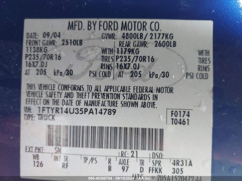 1FTYR14U35PA14789 2005 Ford Ranger Edge/Stx/Xl/Xlt