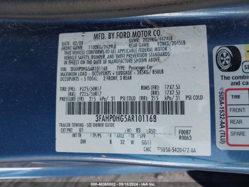 2010 Ford Fusion Se VIN: 3FAHP0HG5AR101168 Lot: 40365802