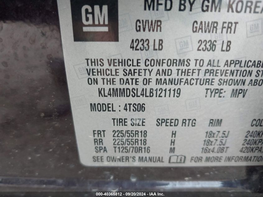 2020 Buick Encore Gx Fwd Select VIN: KL4MMDSL4LB121119 Lot: 40365812