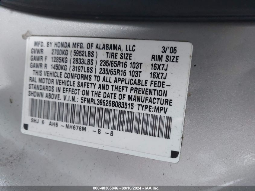 2006 Honda Odyssey Ex-L VIN: 5FNRL38626B083515 Lot: 40365846