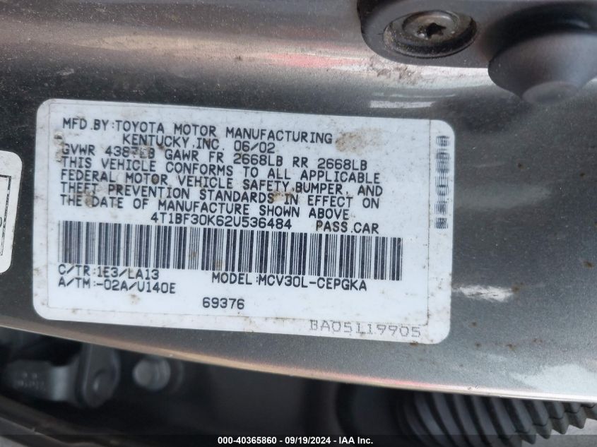 4T1BF30K62U536484 2002 Toyota Camry Xle V6