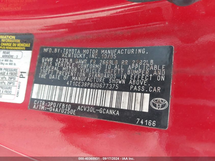 4T1CE38P86U677375 2006 Toyota Camry Solara Se