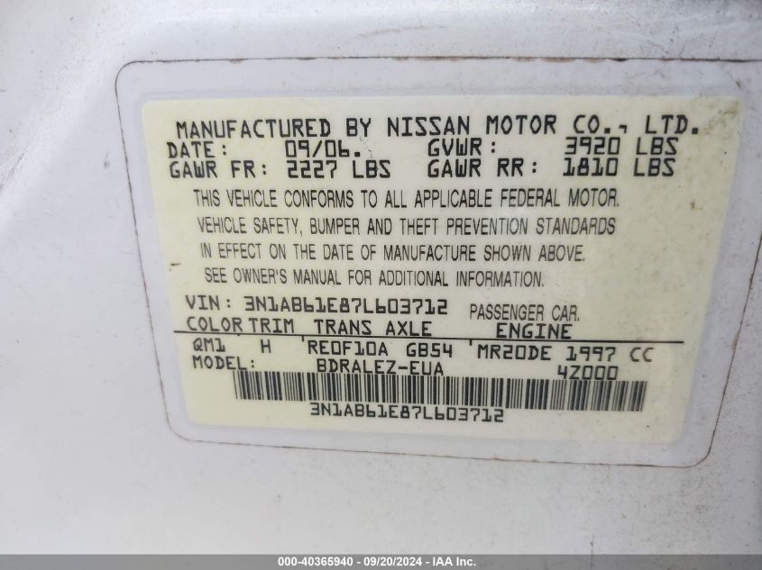 3N1AB61E87L603712 2007 Nissan Sentra 2.0S