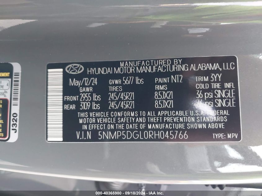 2024 Hyundai Santa Fe Calligraphy VIN: 5NMP5DGL0RH045766 Lot: 40365980