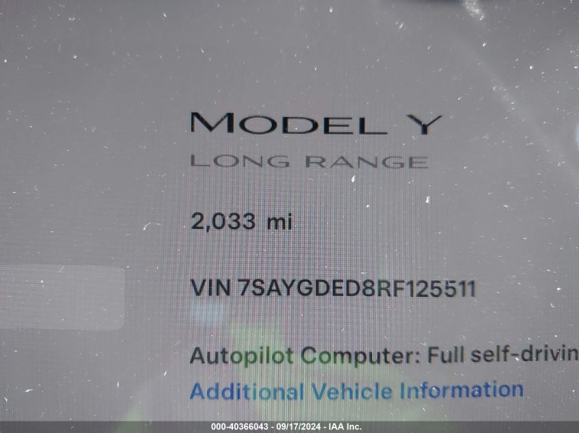 2024 Tesla Model Y Long Range Dual Motor All-Wheel Drive/Rwd VIN: 7SAYGDED8RF125511 Lot: 40366043