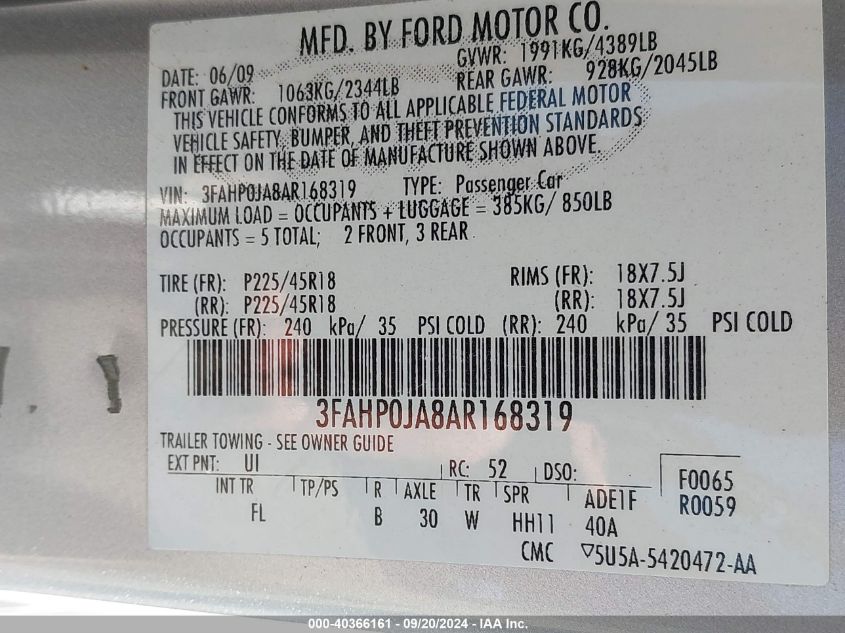 2010 Ford Fusion Sel VIN: 3FAHP0JA8AR168319 Lot: 40366161