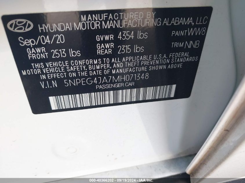 5NPEG4JA7MH071348 2021 Hyundai Sonata Se