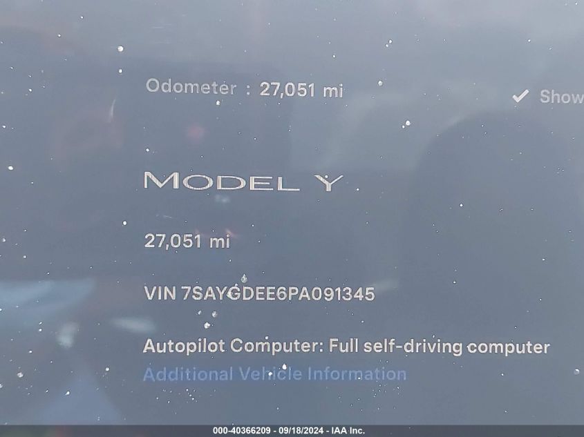 2023 Tesla Model Y Awd/Long Range Dual Motor All-Wheel Drive VIN: 7SAYGDEE6PA091345 Lot: 40366209