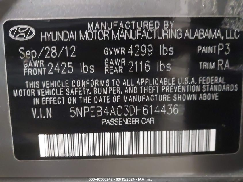 5NPEB4AC3DH614436 2013 Hyundai Sonata Gls