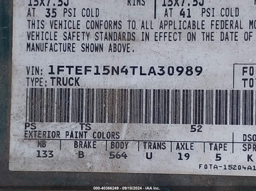 1996 Ford F150 VIN: 1FTEF15N4TLA30989 Lot: 40366249