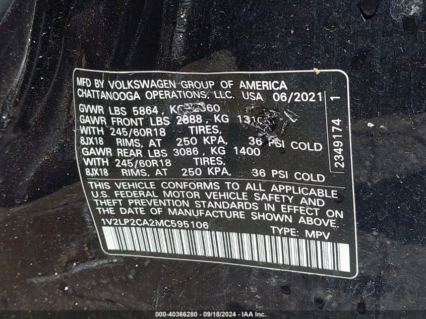 1V2LP2CA2MC595106 2021 Volkswagen Atlas 2.0T Se