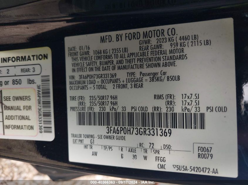 2016 FORD FUSION SE - 3FA6P0H73GR331369