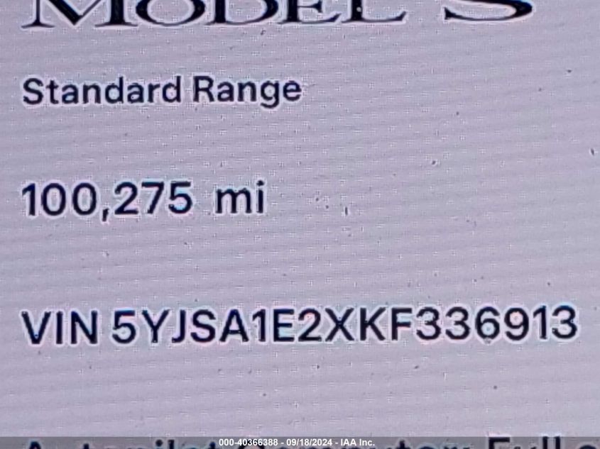 2019 Tesla Model S 100D/75D/Long Range/Standard Range VIN: 5YJSA1E2XKF336913 Lot: 40366388