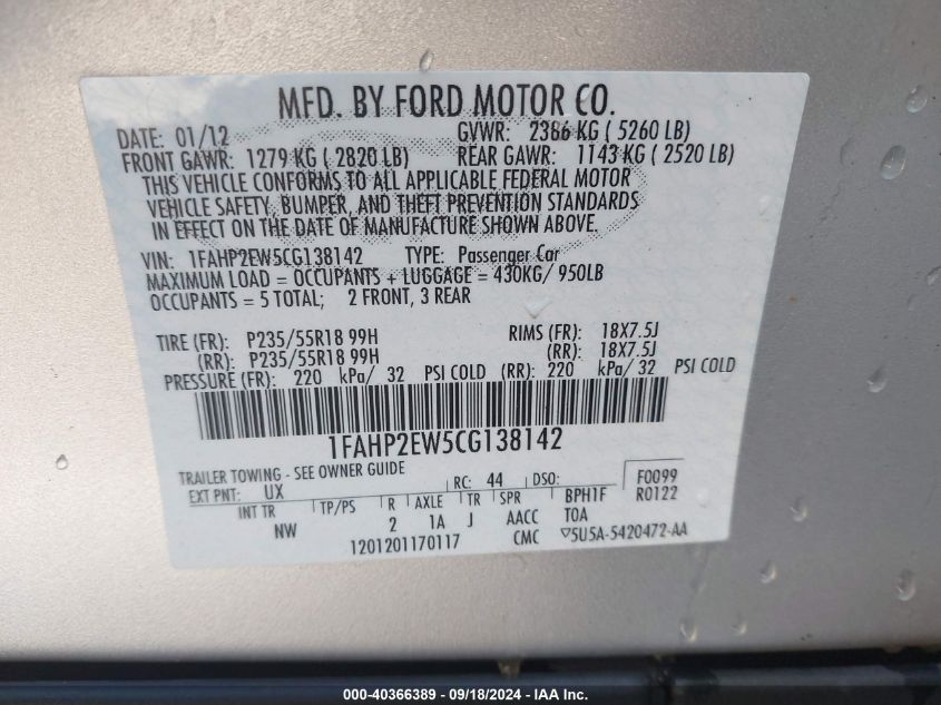 1FAHP2EW5CG138142 2012 Ford Taurus Sel