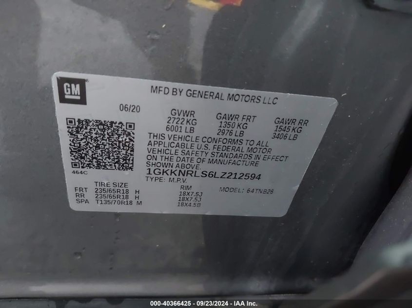 1GKKNRLS6LZ212594 2020 GMC Acadia Fwd Sle