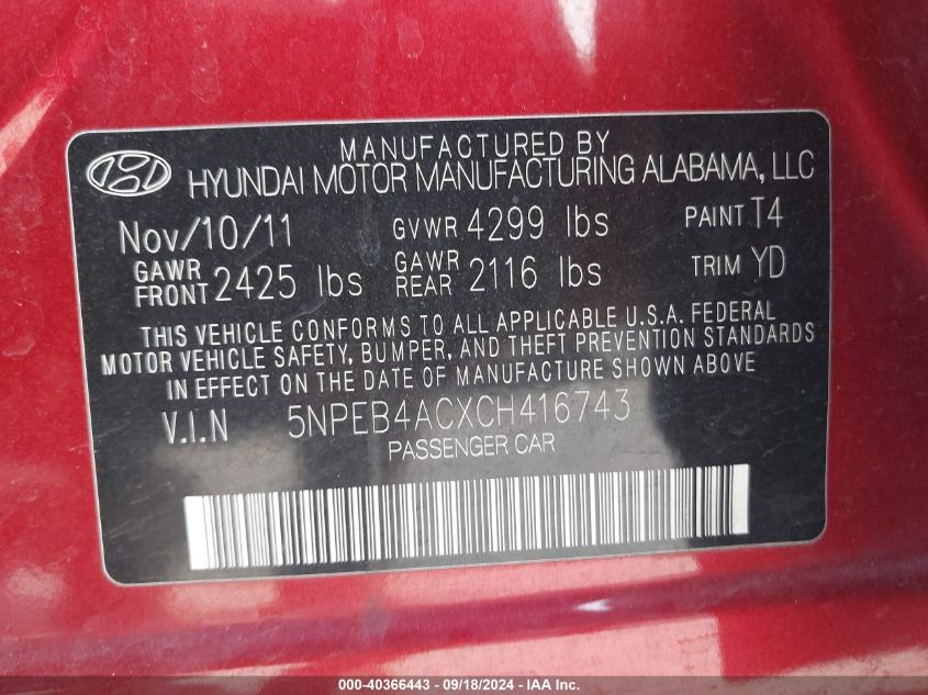 5NPEB4ACXCH416743 2012 Hyundai Sonata Gls