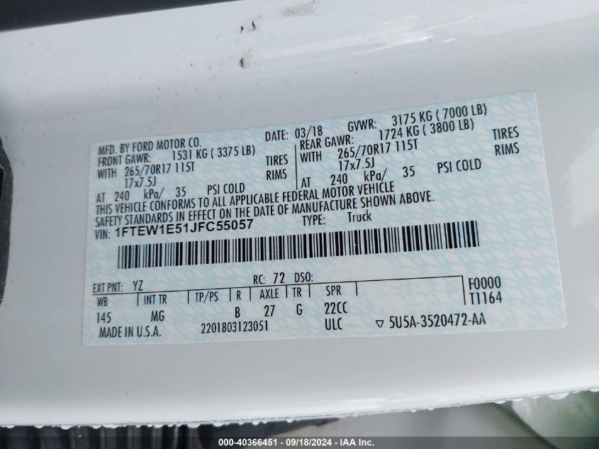 2018 Ford F-150 Xlt VIN: 1FTEW1E51JFC55057 Lot: 40366451