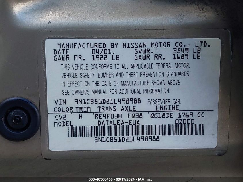 2001 Nissan Sentra Gxe VIN: 3N1CB51D21L498988 Lot: 40366456