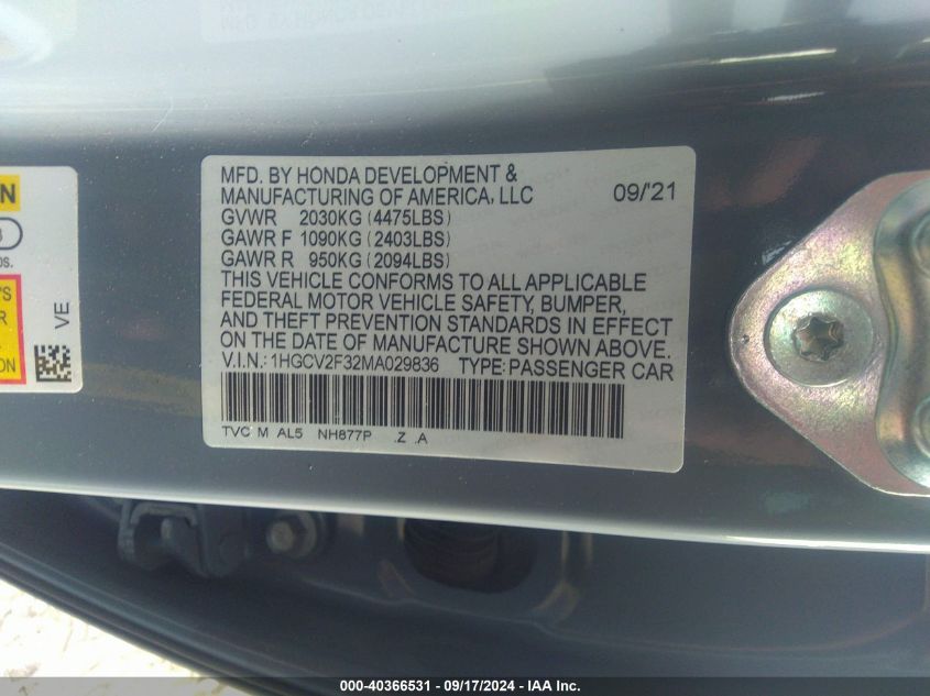 1HGCV2F32MA029836 2021 Honda Accord Sport