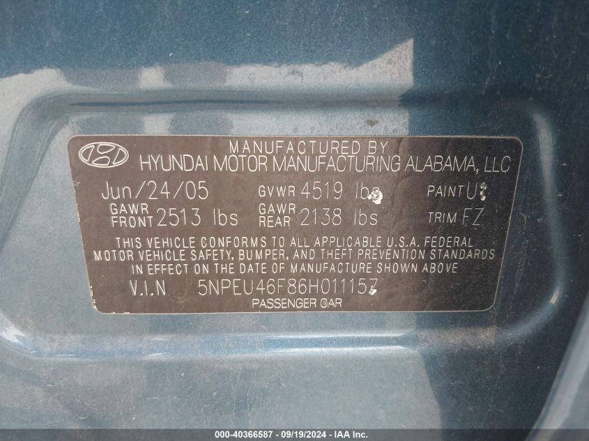 5NPEU46F86H011157 2006 Hyundai Sonata Gls V6/Lx V6