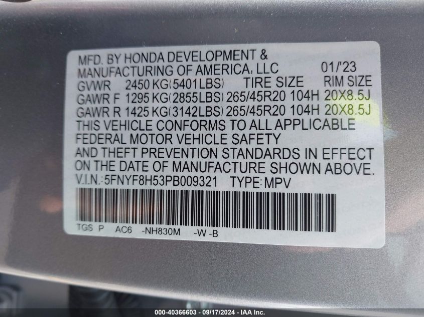 5FNYF8H53PB009321 2023 Honda Passport Awd Ex-L