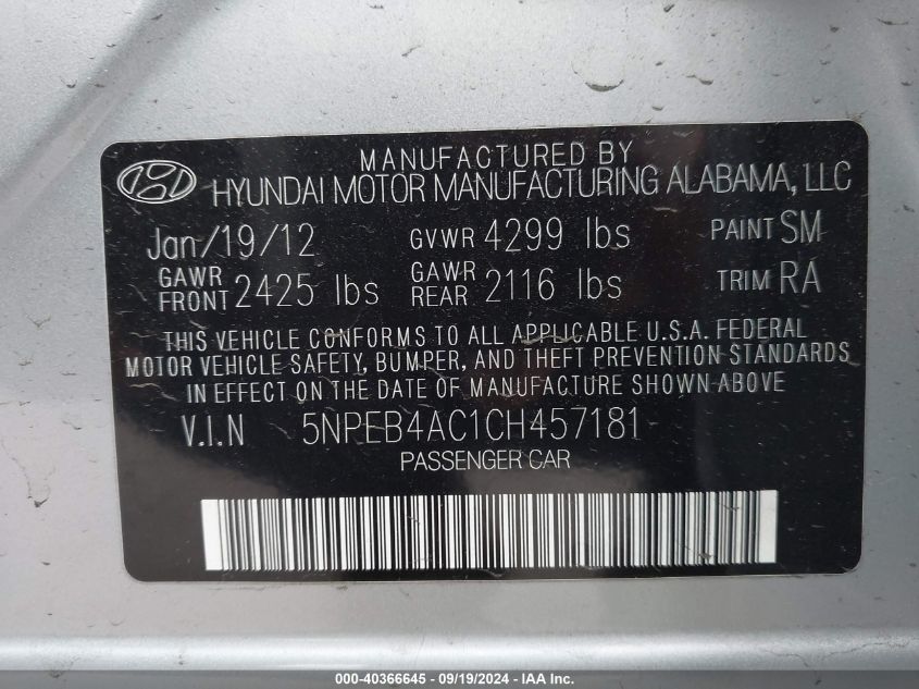 5NPEB4AC1CH457181 2012 Hyundai Sonata Gls