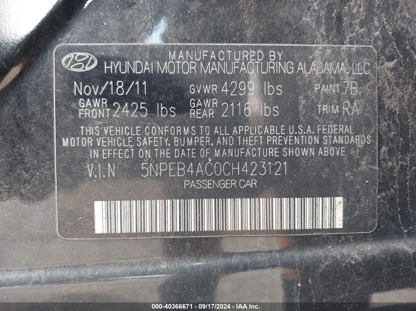 2012 Hyundai Sonata Gls VIN: 5NPEB4AC0CH423121 Lot: 40366671