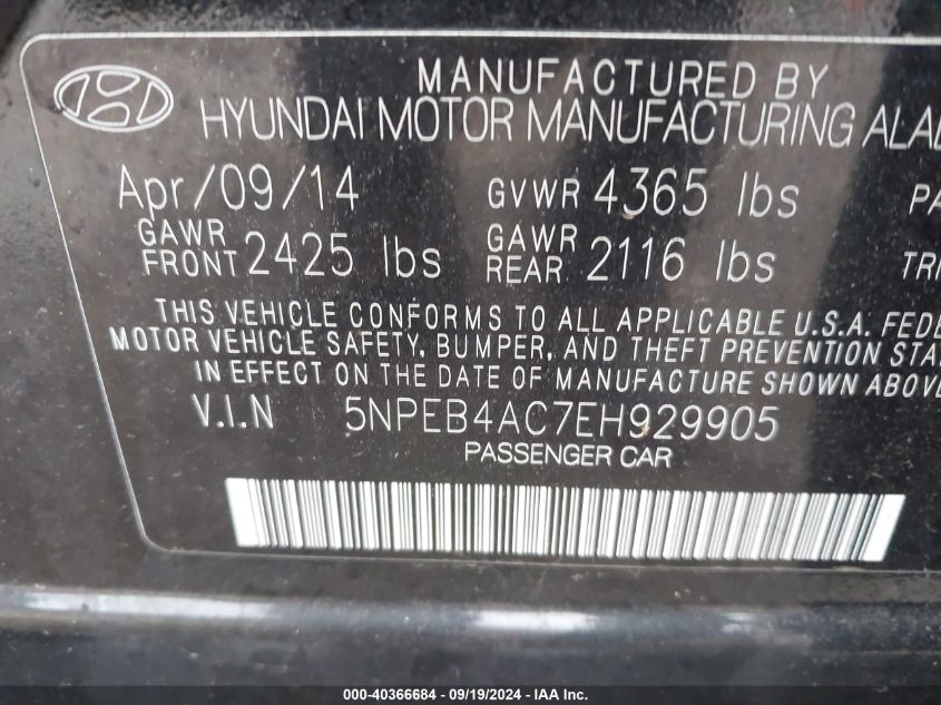 5NPEB4AC7EH929905 2014 Hyundai Sonata Gls