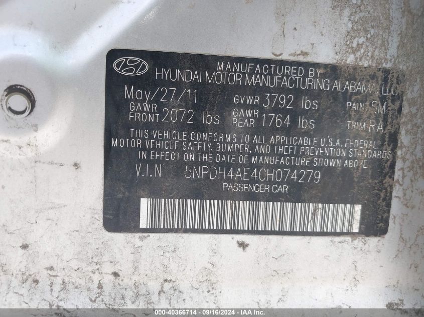 5NPDH4AE4CH074279 2012 Hyundai Elantra Gls