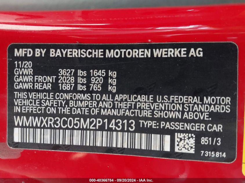 2021 Mini Hardtop Cooper VIN: WMWXR3C05M2P14313 Lot: 40366784