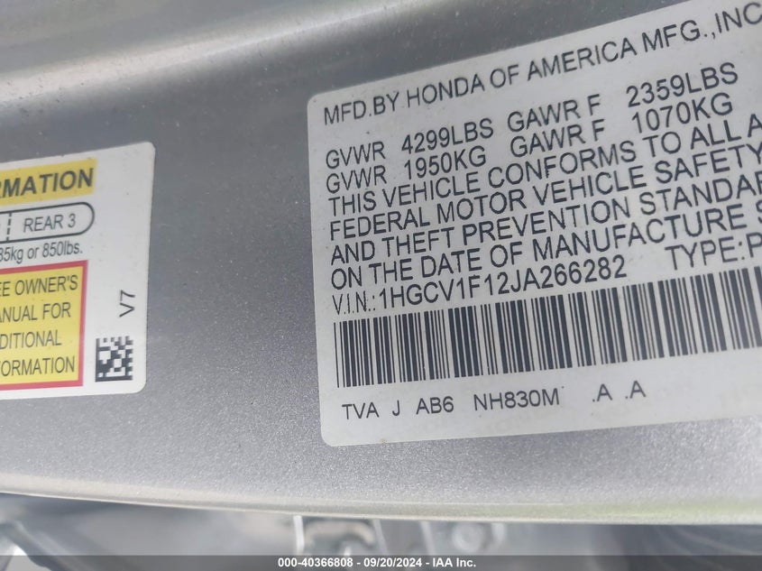 VIN 1HGCV1F12JA266282 2018 HONDA ACCORD LX