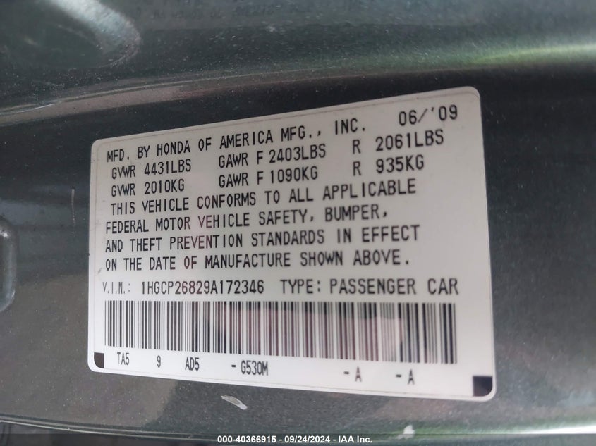 2009 Honda Accord 2.4 Ex-L VIN: 1HGCP26829A172346 Lot: 40366915