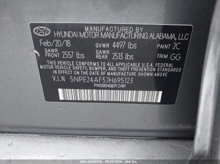 5NPE24AF5JH695123 2018 Hyundai Sonata Se