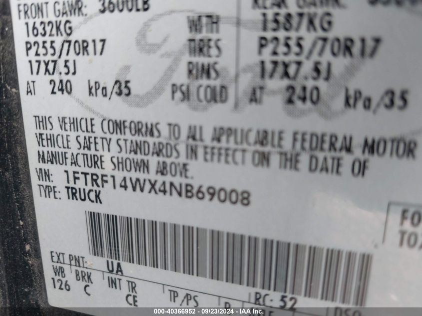 2004 Ford F-150 Stx/Xl/Xlt VIN: 1FTRF14WX4NB69008 Lot: 40366952