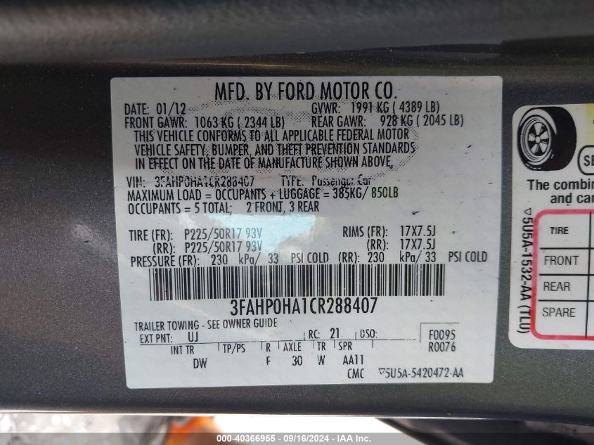 2012 Ford Fusion Se VIN: 3FAHP0HA1CR288407 Lot: 40366955