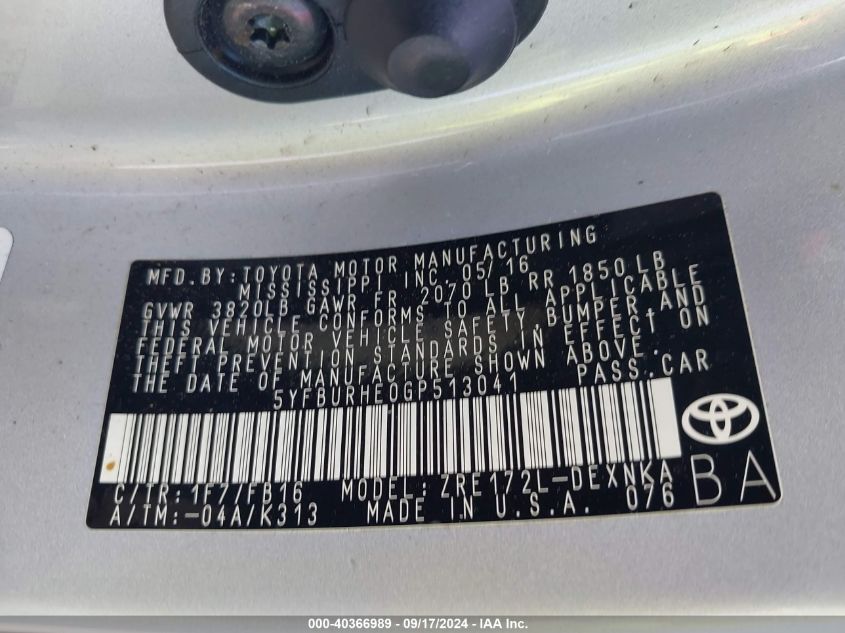 2016 TOYOTA COROLLA LE - 5YFBURHE0GP513041