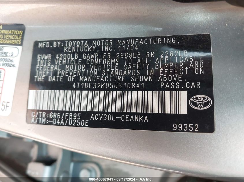 4T1BE32K05U510841 2005 Toyota Camry Le