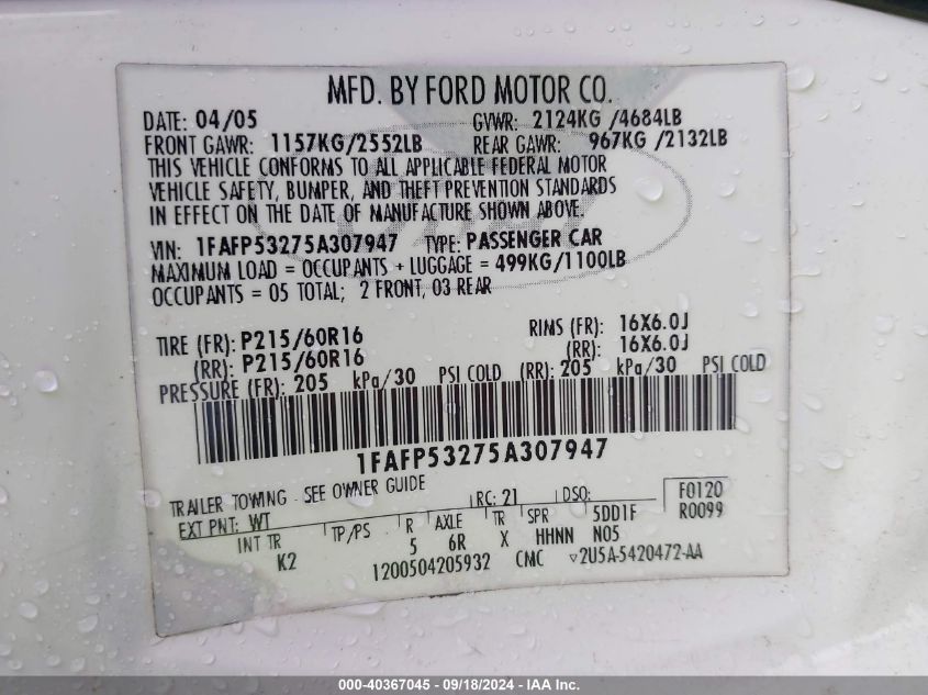 2005 Ford Taurus Se VIN: 1FAFP53275A307947 Lot: 40367045