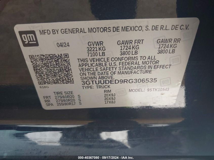 2024 GMC Sierra 1500 VIN: 3GTUUDED9RG306535 Lot: 40367080