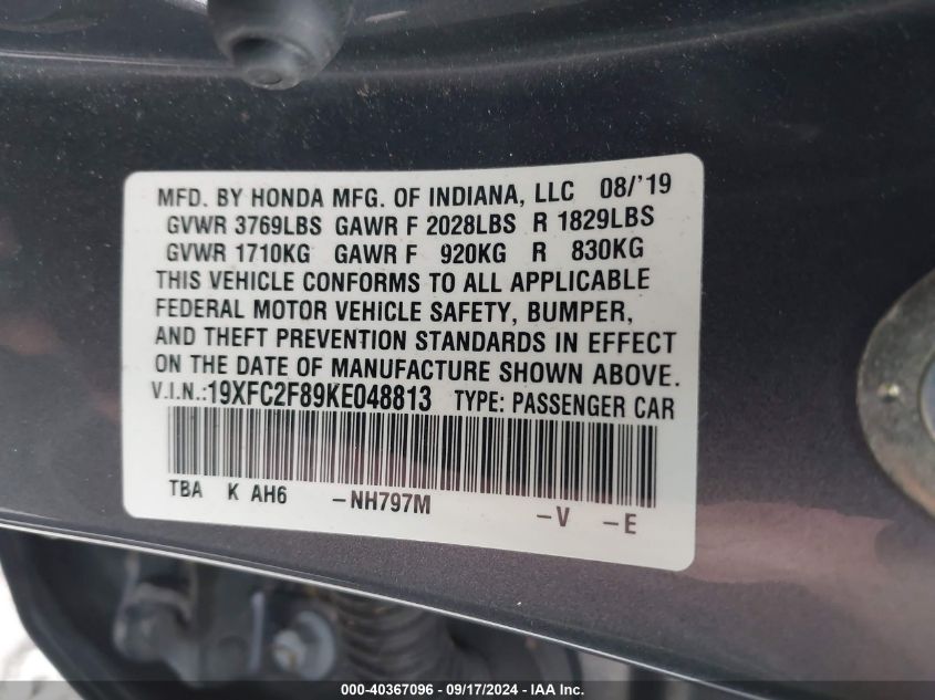 2019 Honda Civic Sport VIN: 19XFC2F89KE048813 Lot: 40367096