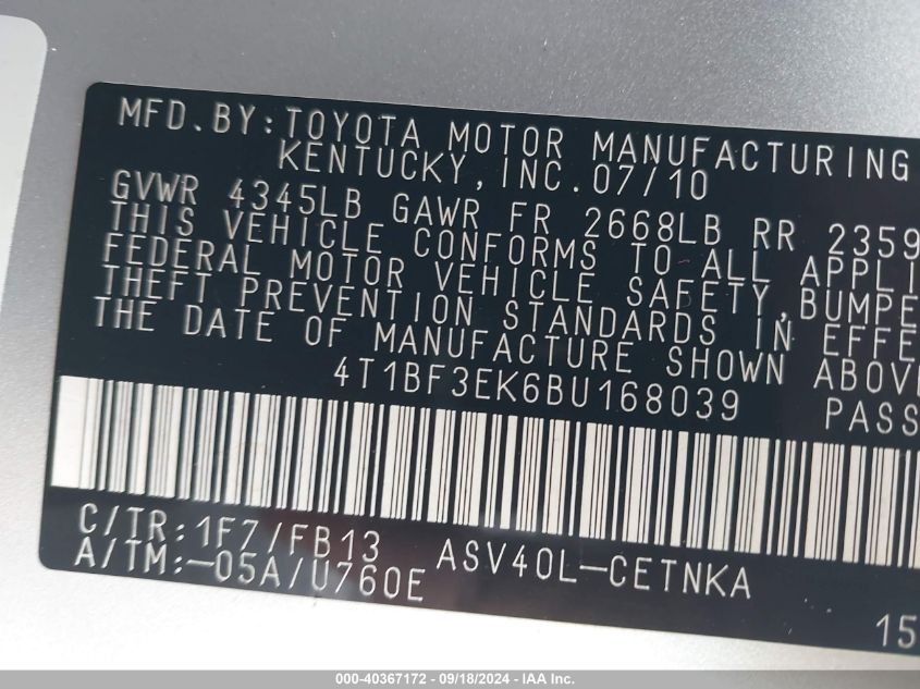 4T1BF3EK6BU168039 2011 Toyota Camry Le